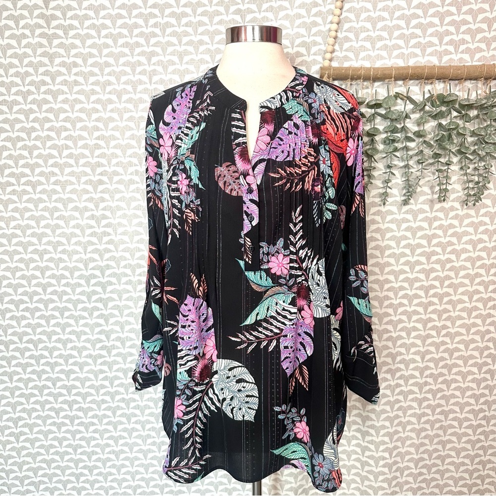 Studio Works Woman Black Coliner Floral Loose Blouse Shirt Top Plus Size 1X